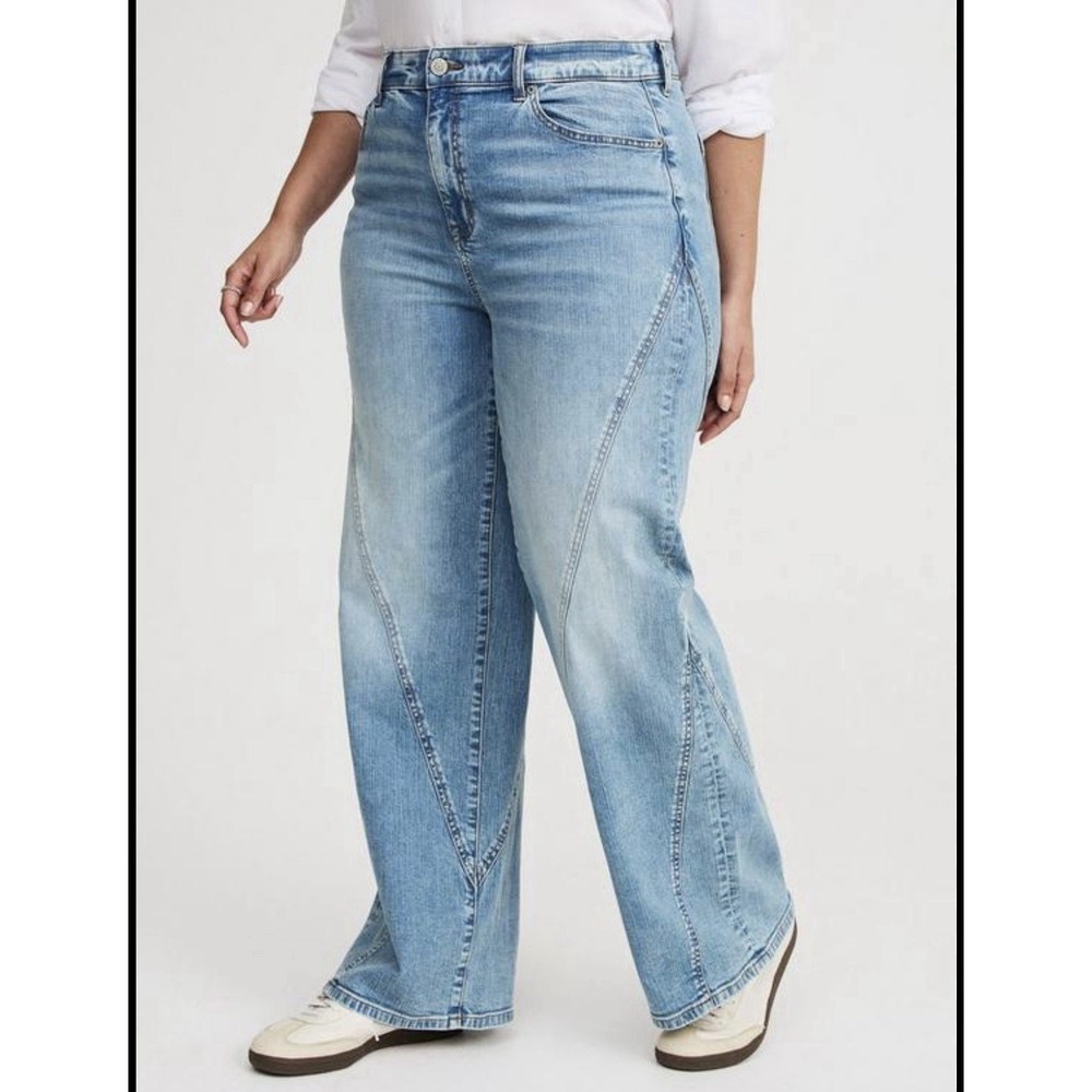Flamingo Wide Leg Jeans Womens L‎ Blue High Rise Stretch Denim Pants Casual